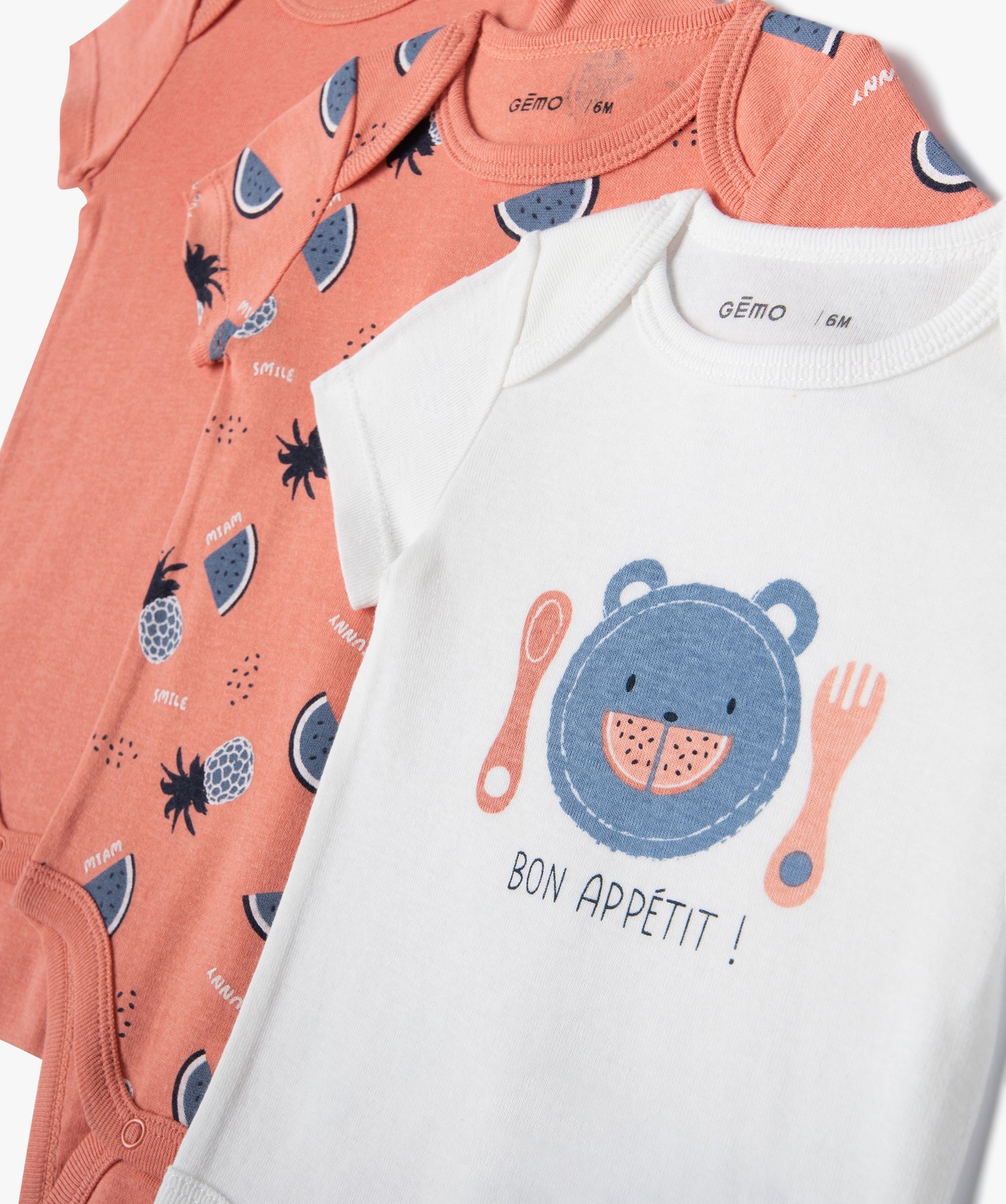 Body bébé manches courtes à col US motif fruits (lot de 3) orange | GEMO
