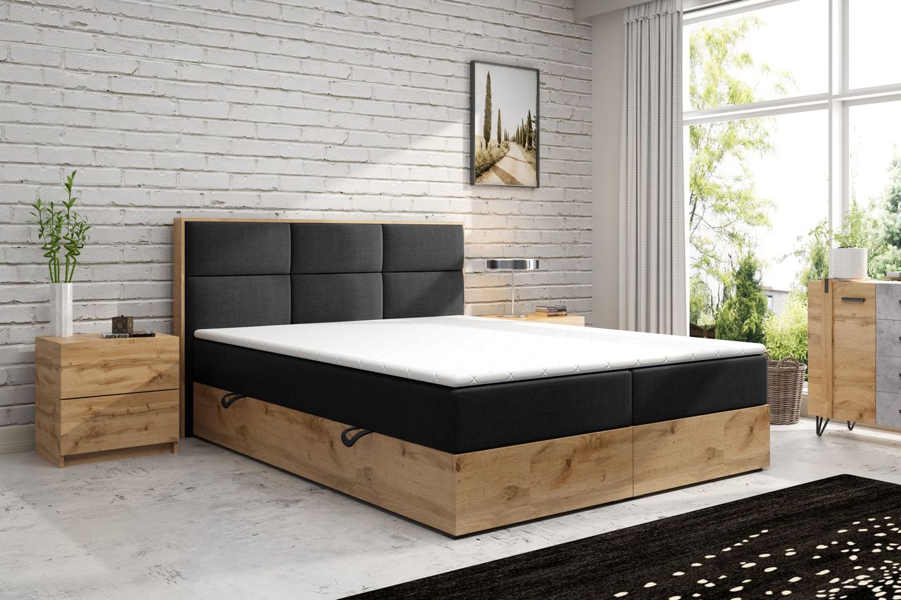 Möbel Punkt Boxspringbett LISSABON Eiche Holz mit Bettkasten 180 x 200 cm Webstoff Schwarz Anthrazit