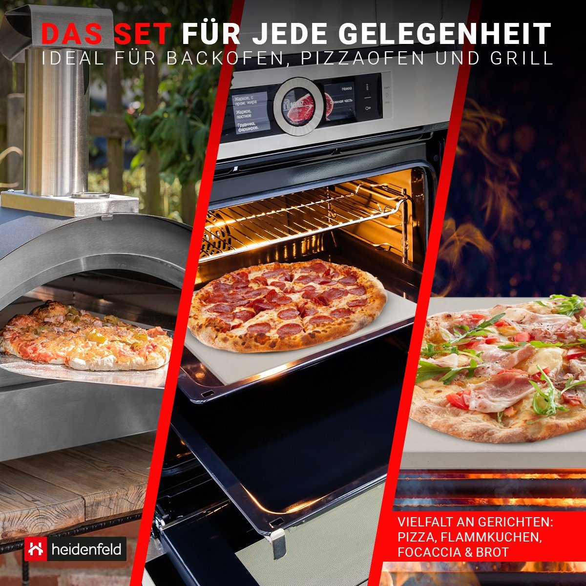 Heidenfeld Pizzastein für Backofen Pizza Set 5in1 bis zu 1000 °C inkl. Rezeptbuch, Pizzastein aus Cordierit, (Pizzaschieber rechteckig mit großer Fläche, Ofen Back Zubehör, 5-St., 