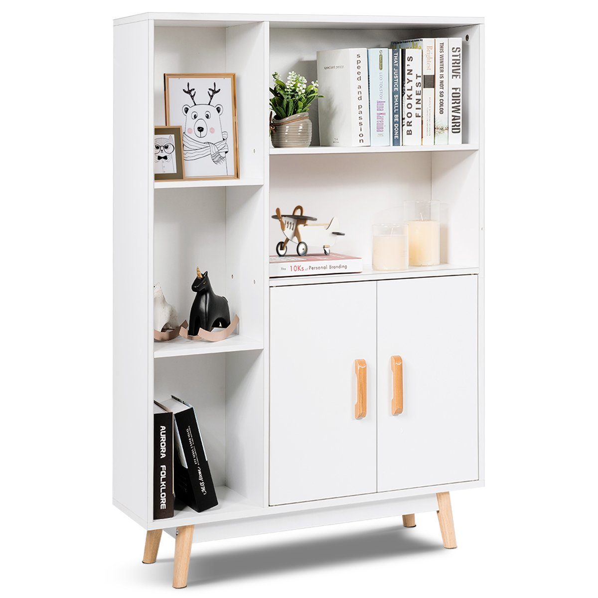 COSTWAY Bücherregal, mit Türen und 5 Fächern, Holz, 80 x 24 x 119 cm, weiß