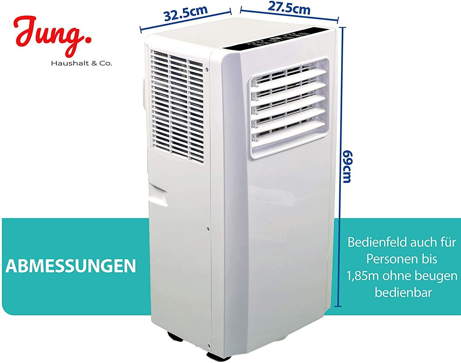 JUNG 3-in-1-Klimagerät TV04 mobile Klimaanlage mit Fernbedienung 2.6 KW, mobiles Klimagerät, 9000 BTU leise, Abluftschlauch, Timer Airconditioner Luftkühler Mobil