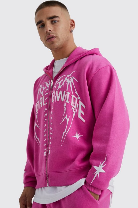 Kastiger Oversize Worldwide Hoodie mit Reißverschluss