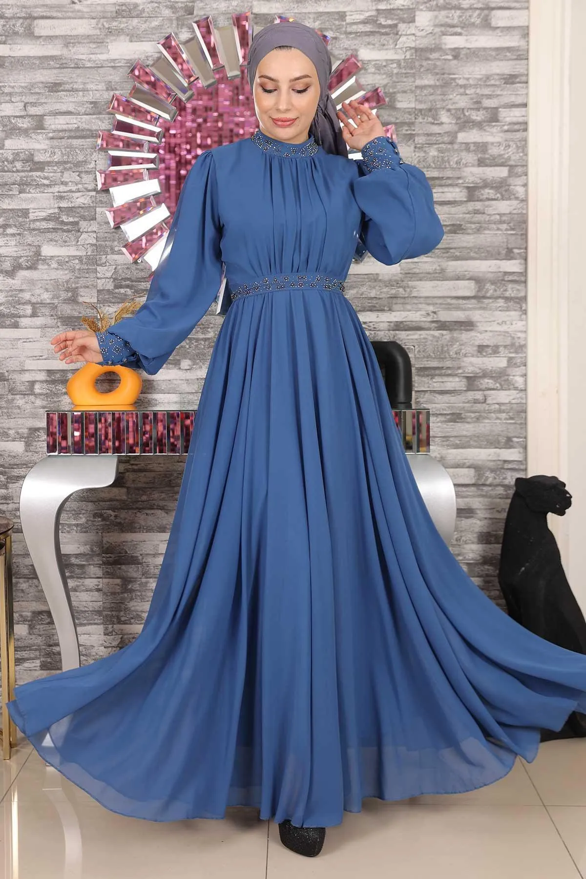 Modamihram  Steindetailliertes Chiffon-Abendkleid Indigo 19109