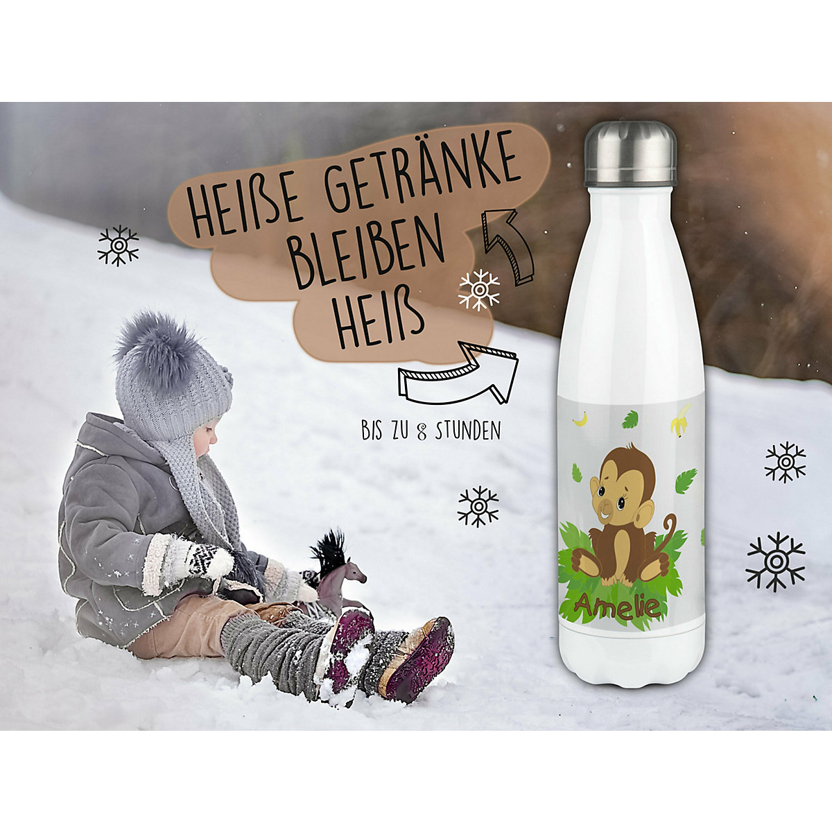 Edelstahl Kinder Thermoflasche / Trinkflasche bunt Affenbaby Spülmaschinenfest, Auslaufsicher, Bruchfest, Doppelwandig, Für Heißgetränke geeignet, Mit Deckel, Isoliert