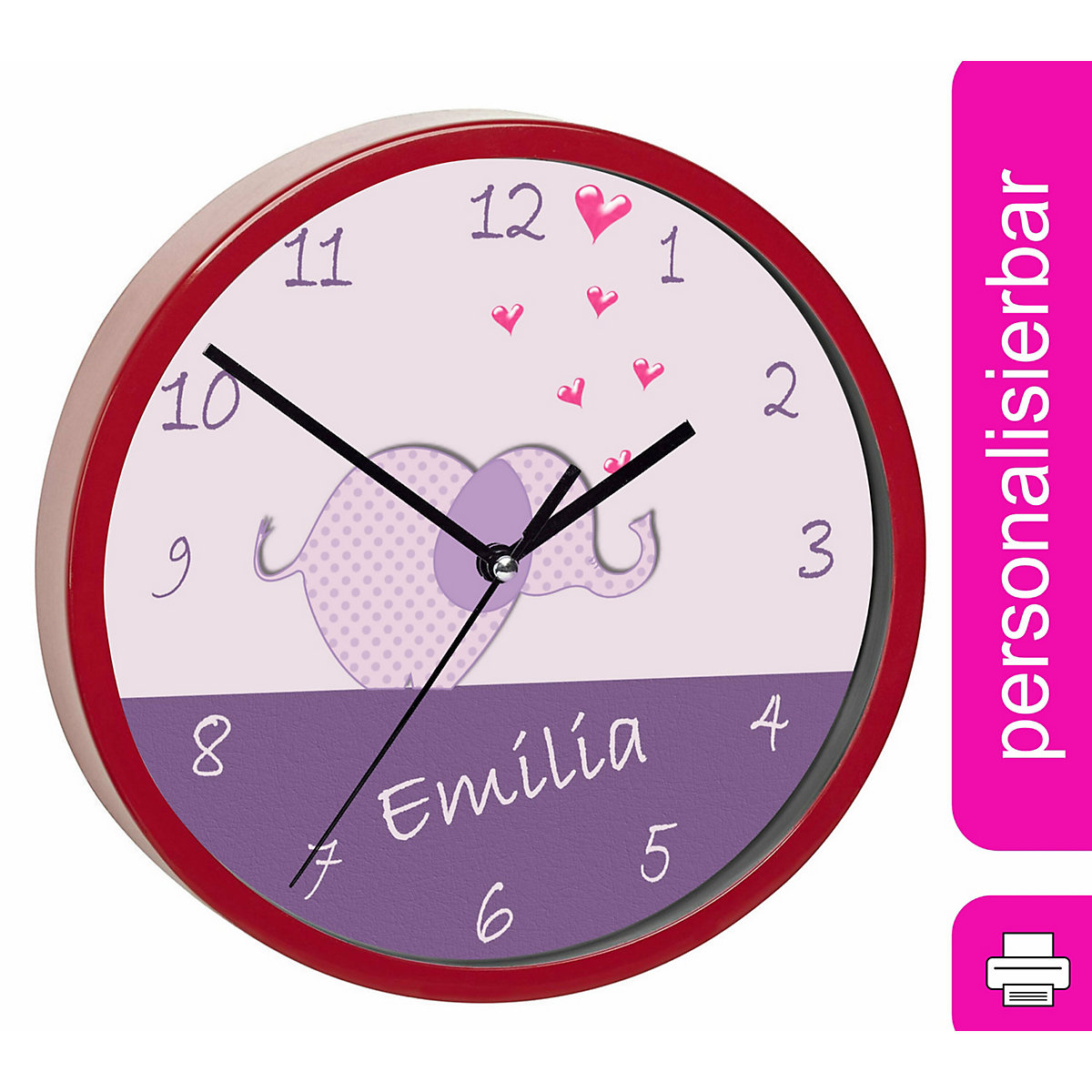 Kinder Wanduhr personalisiert mit Name Elefant lila