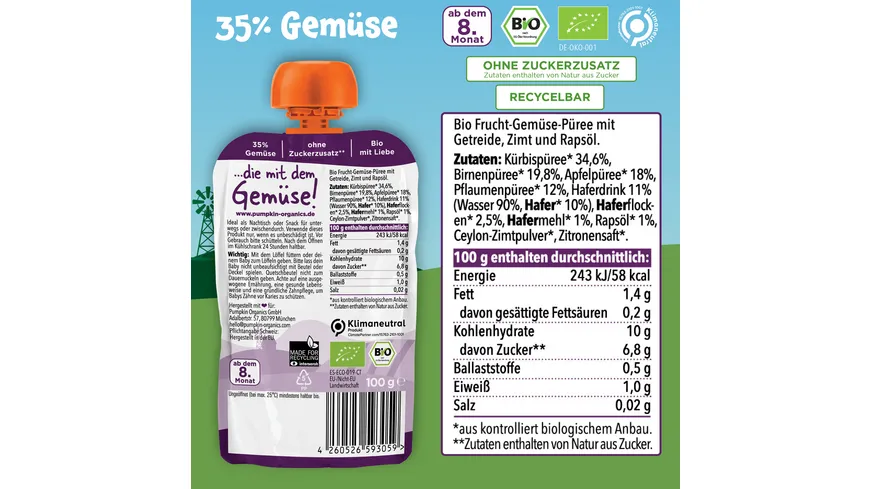 pumpkin organics Bio Quetschie Kürbis, Birne, Pflaume, Hafer 100 g