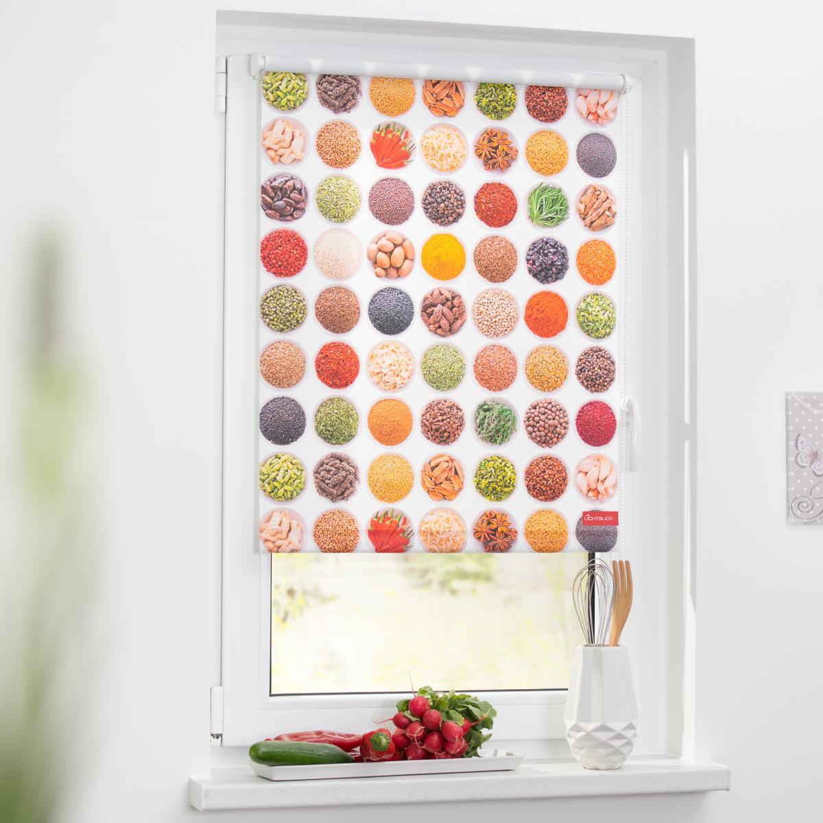 Lichtblick Rollo Klemmfix, ohne Bohren, blickdicht, Gewürze - Bunt Weiß, 100 x 150 cm (B x L)