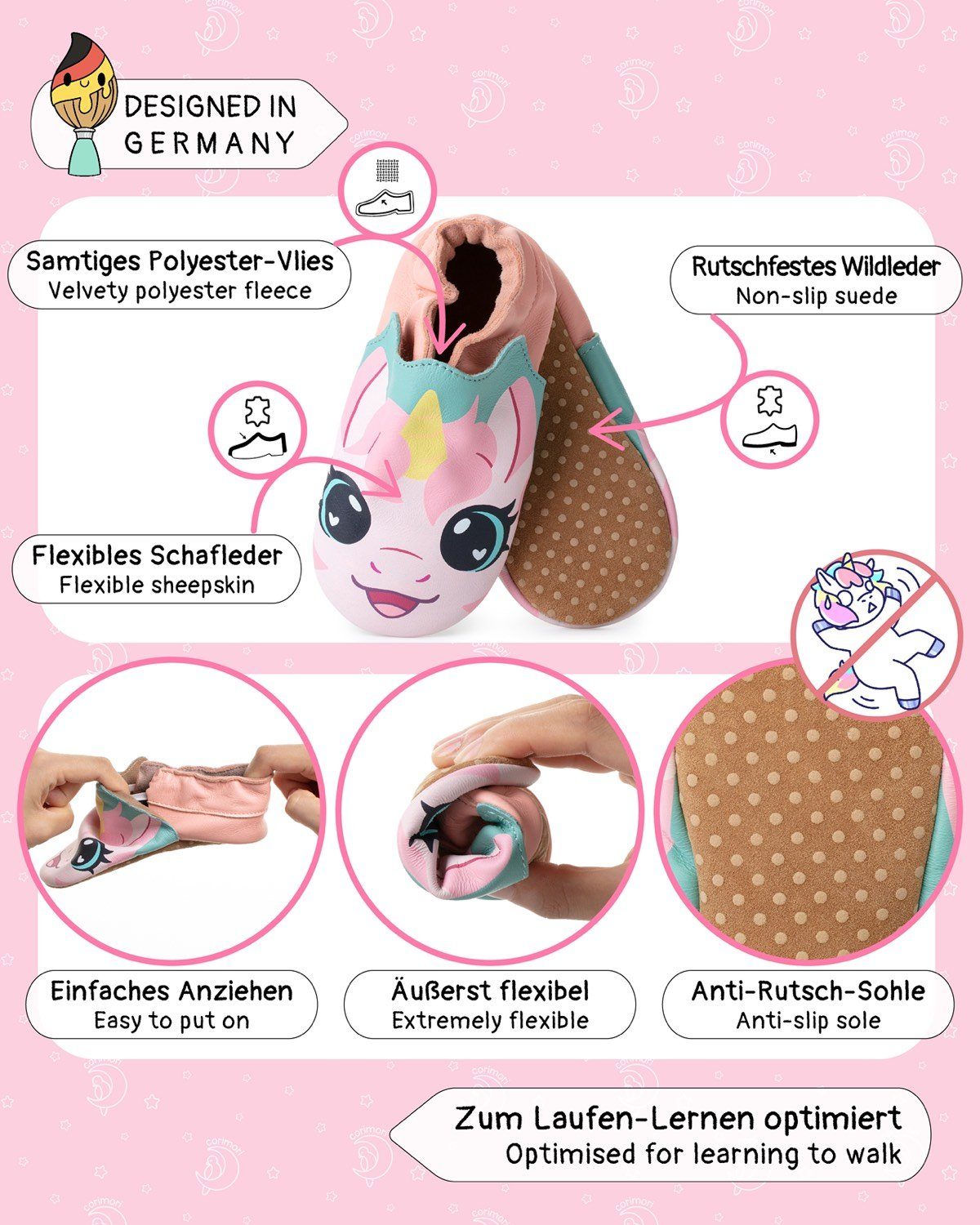 Corimori Baby-Schuhe Lauflernschuhe Krabbelschuhe Echt-Leder Mädchen Jungen Lauflernschuh (Packung) Süße Lauflernschuhe, Lederschuhe, Barfußschuhe, Einhorn, 12-18 Monate