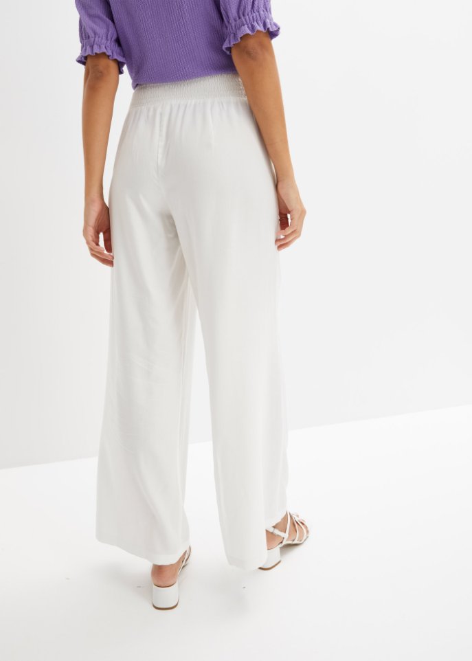 Weite Hose aus Viscose mit High-Waist-Smockbund, Crepegewebe