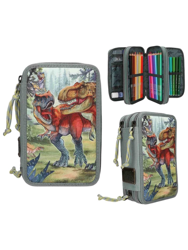 Depesche 3-Fach Federtasche BITE inkl. Stifte Dino World 20 x 13 x 7,5 cm in grau-grün günstig kaufen onesize