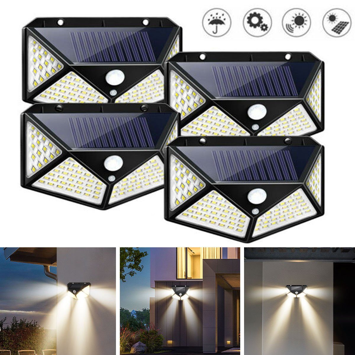 LETGOSPT LED Solarleuchte 4x Solarleuchte 100 LEDs Wandleuchte mit Bewegungsmelder Außenlampe, LED fest integriert, IP65 Außenleuchte Gartenlampe Strahler Lampe Licht