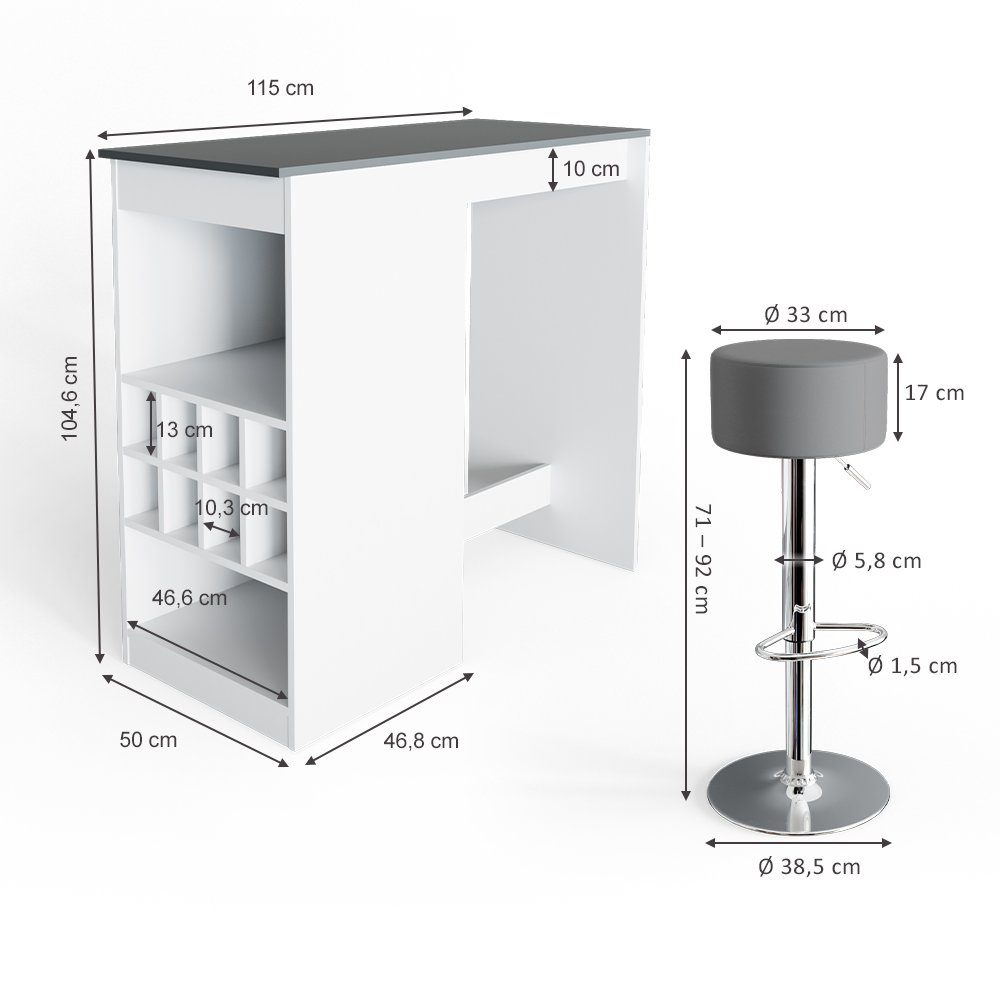 Vicco Bartisch Bartresen Stehtisch Tresentisch ROSS Weiß Anthrazit inkl. Hocker