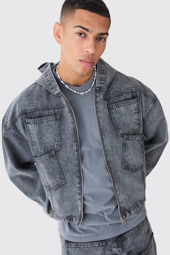 Kastiger Denim-Hoodie mit Acid-Waschung