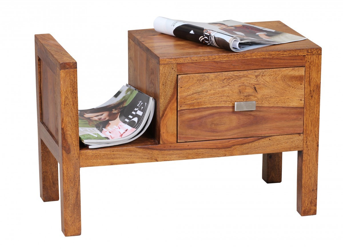 Skyport Sheesham Massivholz Nachtkonsole mit Schublade und Zeitungsablage 60 x 30 x 40 cm