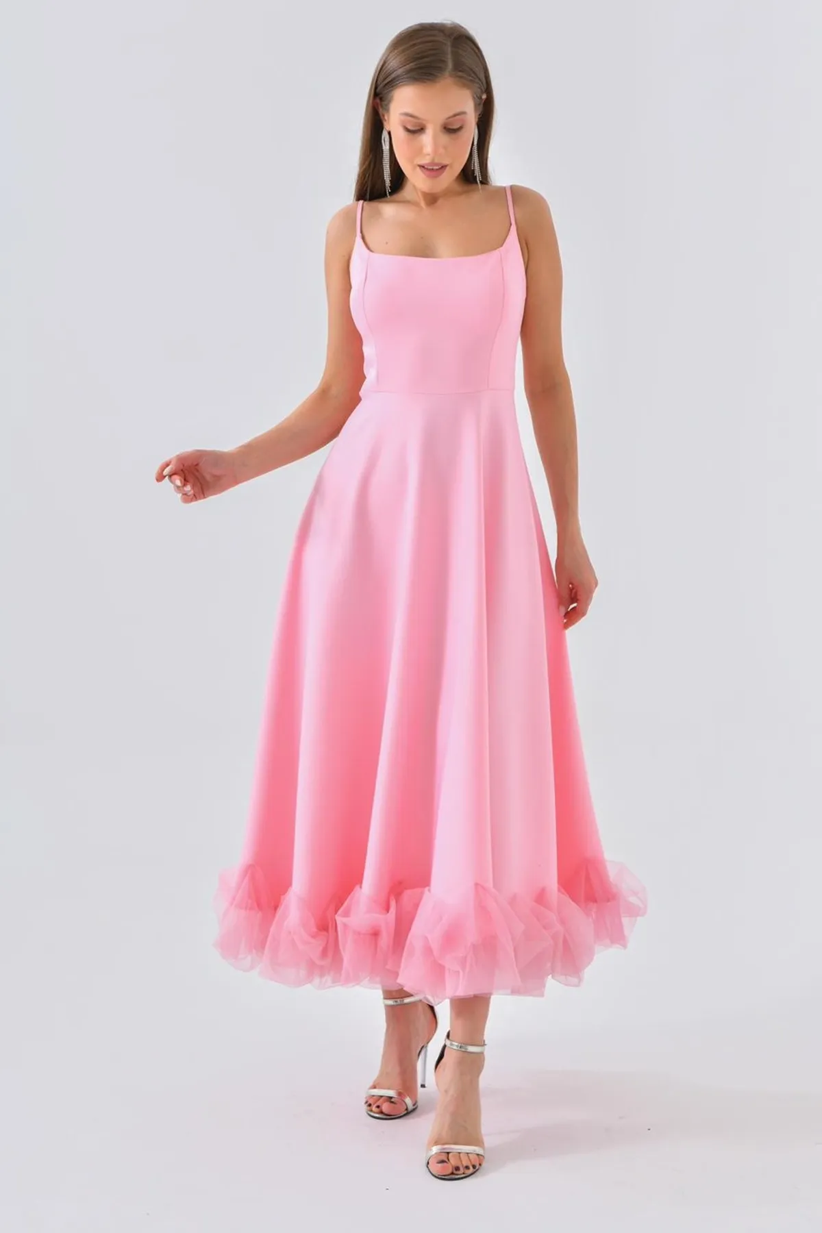 lovebox  Ausgestellter Rock aus Baumwollatlasgewebe mit dünnen Trägern und Tülldetail, mittellanges rosa Abendkleid 9326