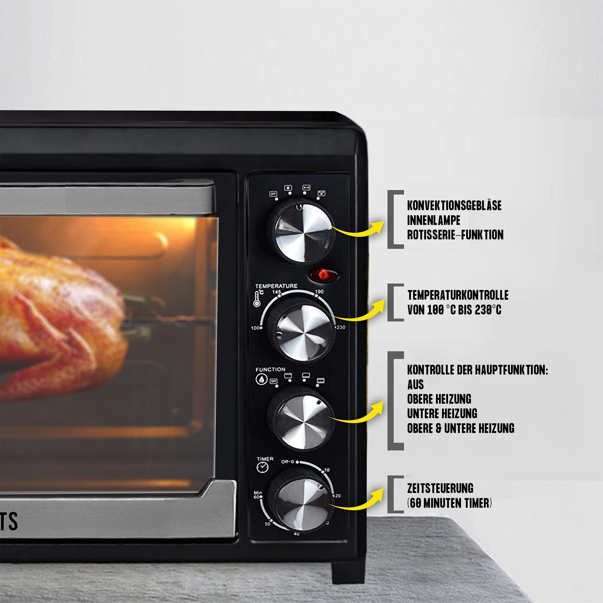 KB Elements Minibackofen ELK45V1, 2000 Watt, 45 Liter, Drehspieß, Konvektionsgebläse