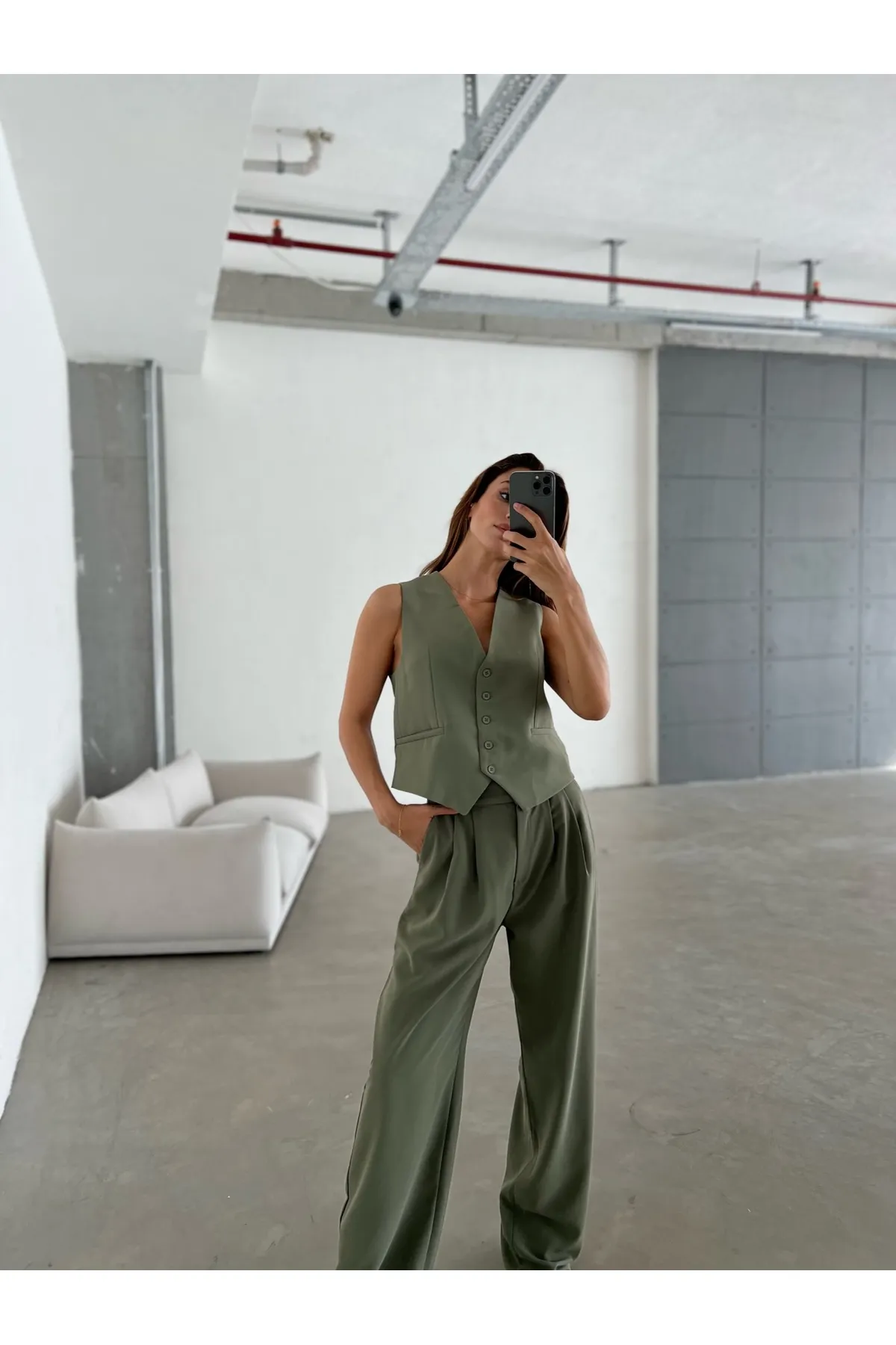 Laluvia  Khakifarbenes Premium-Westen-Palazzo-Hosen-Set