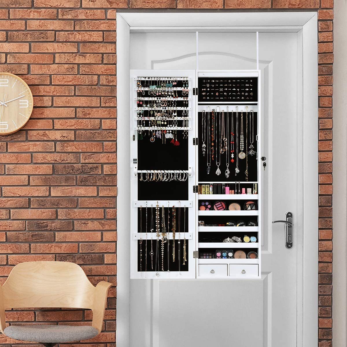 COSTWAY Schmuckschrank abschließbar, hängend Tür und Wandmontage, 15 LED