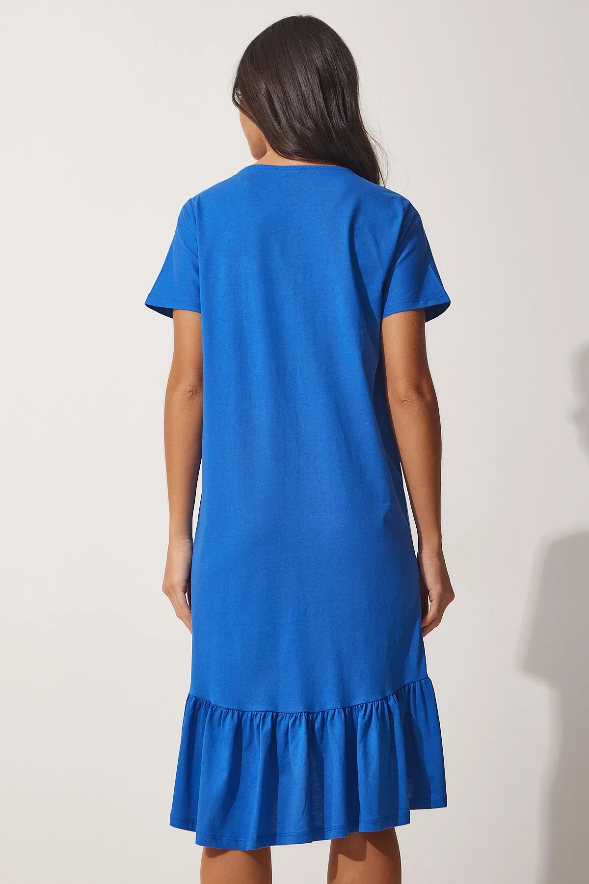 Happiness İstanbul  Blaues Volant-Sommer-Viskose-Strickkleid für Damen AP00186