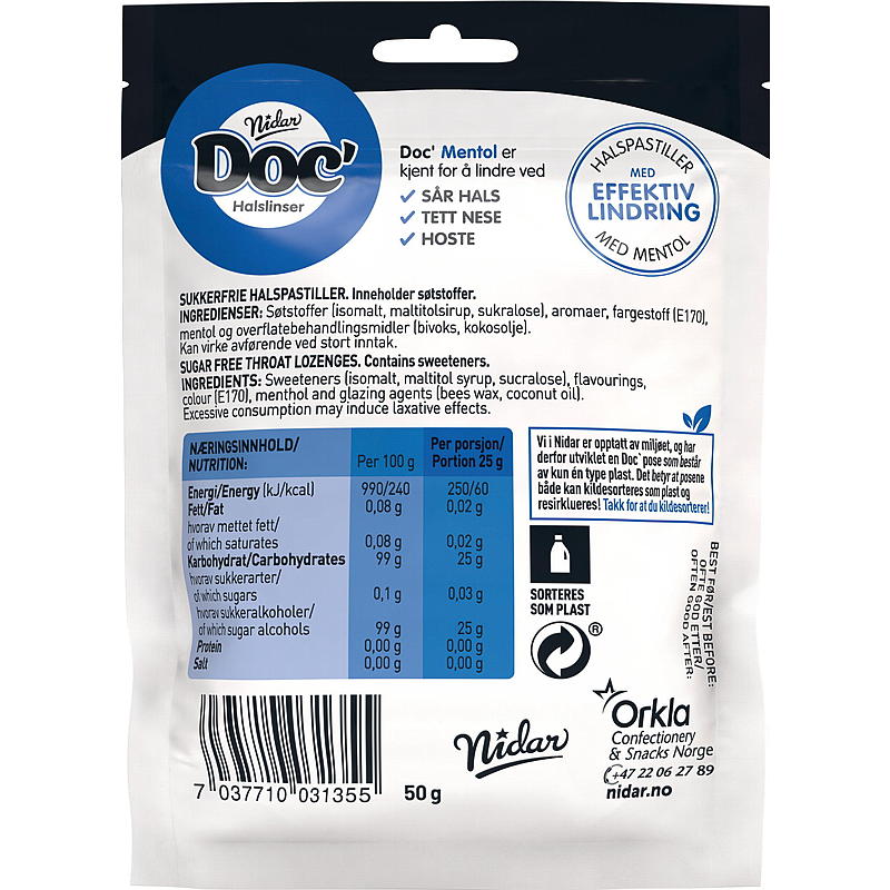 Nidar Doc halslinser 50 g Mentol
