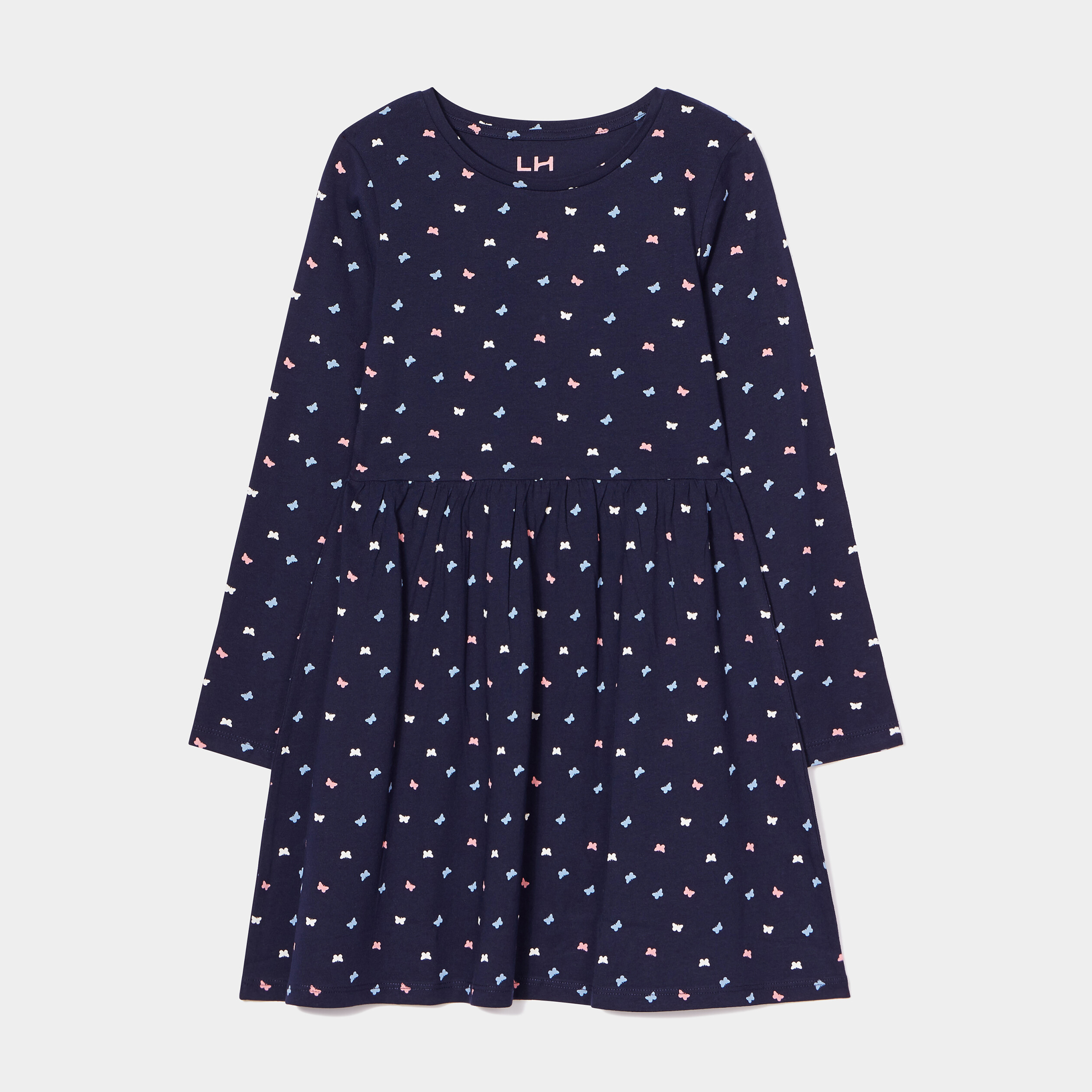 Robe trapèze manches longues coton bleu marine fille | La Halle