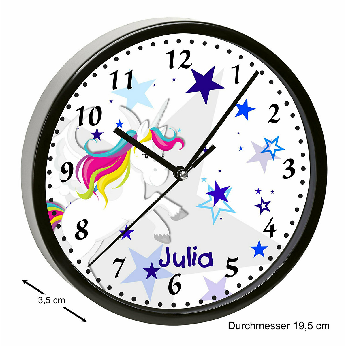 Kinder Wanduhr laufruhig personalisiert mit Name Pegasus Sterne Blau