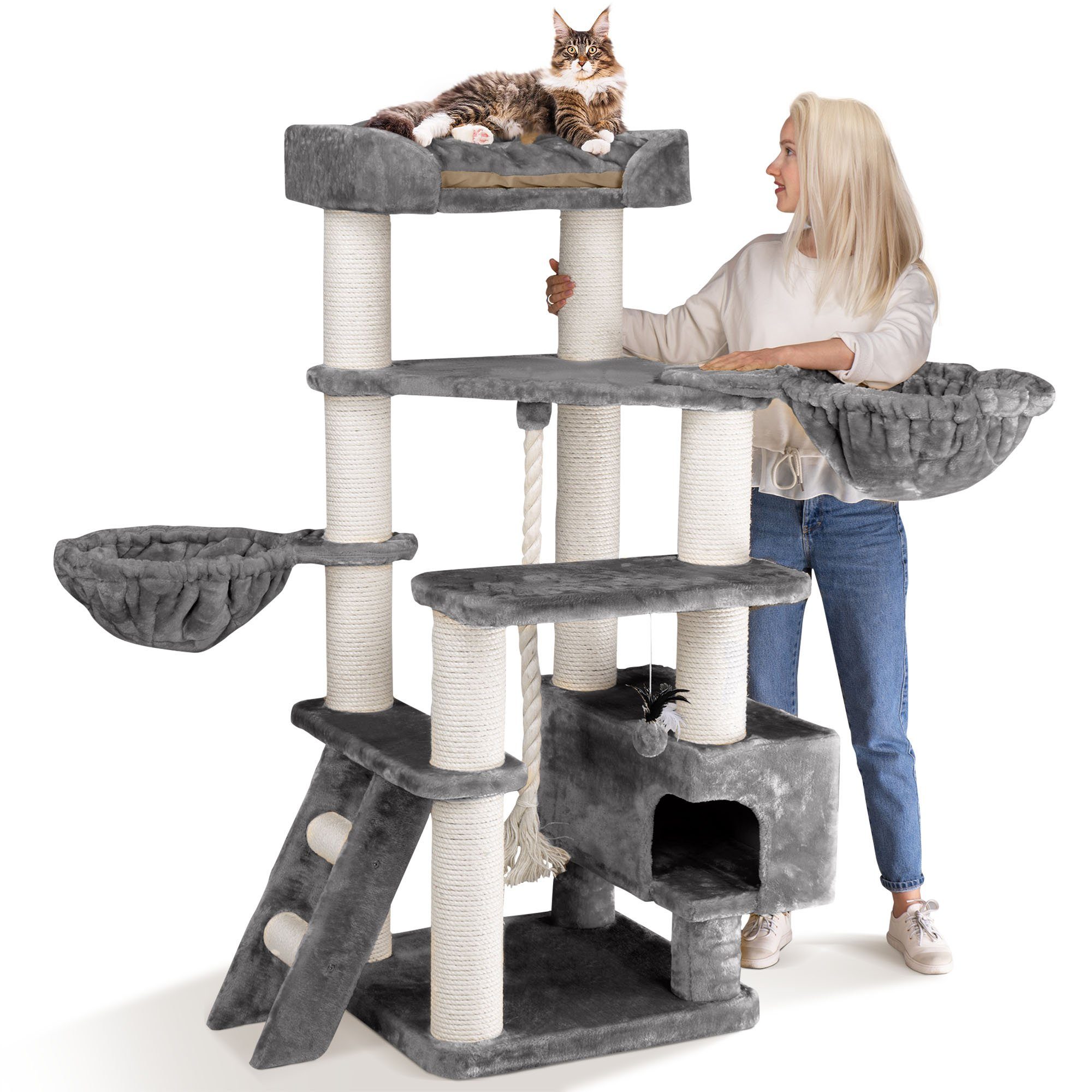 Happypet Kratzbaum MC1500, 156 cm hoch, 12 cm Dicke Sisalstämme, geprüftes Holz