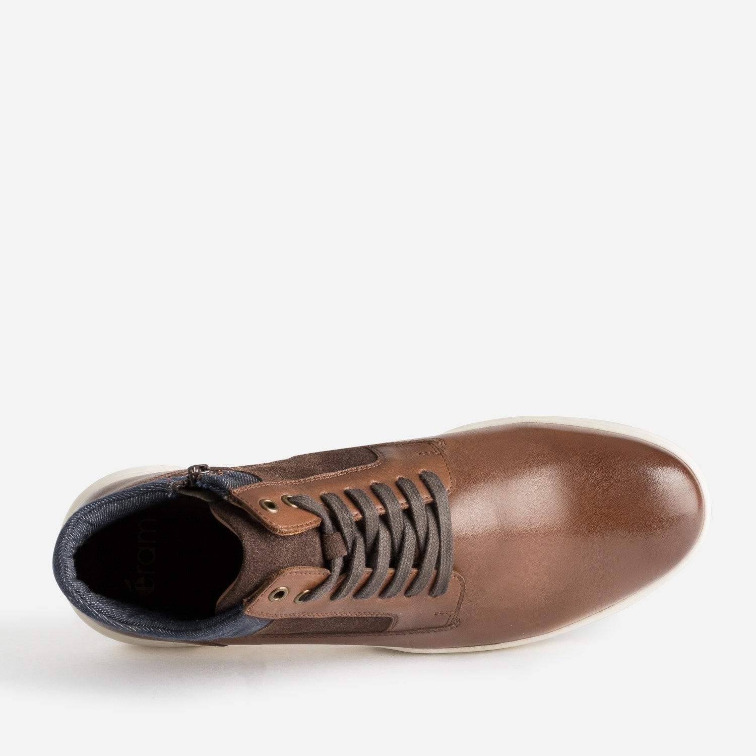 Basket cognac en cuir et textile marine