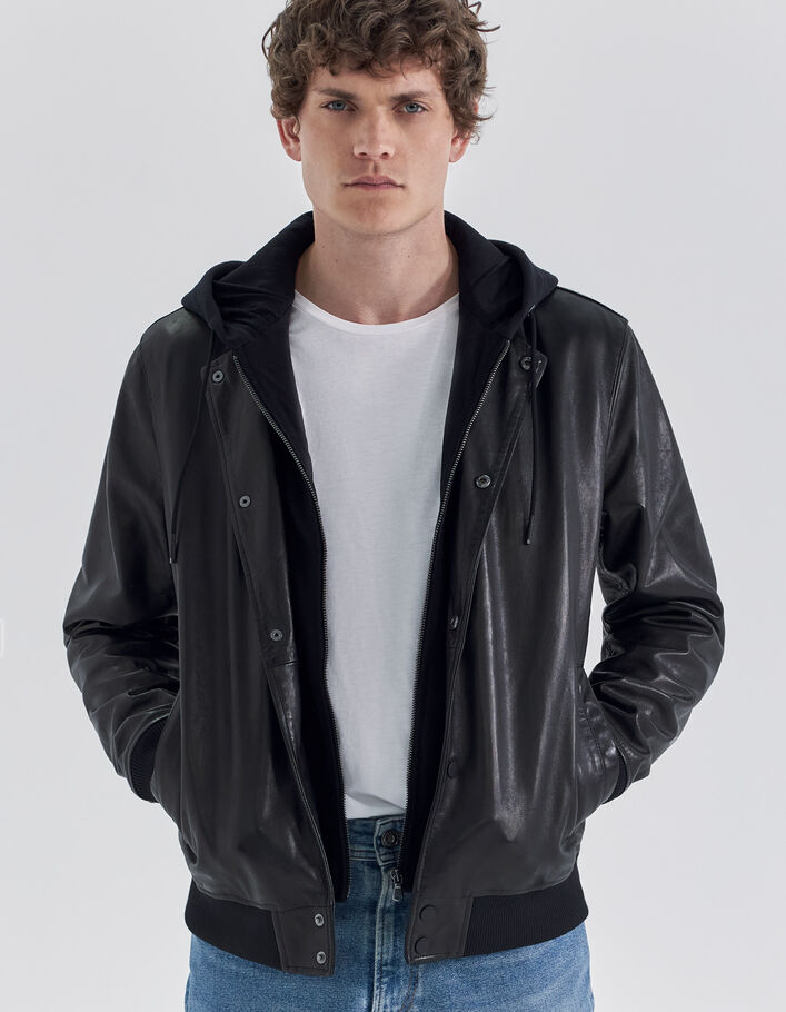 Bomber noir en cuir à parmenture amovible Homme