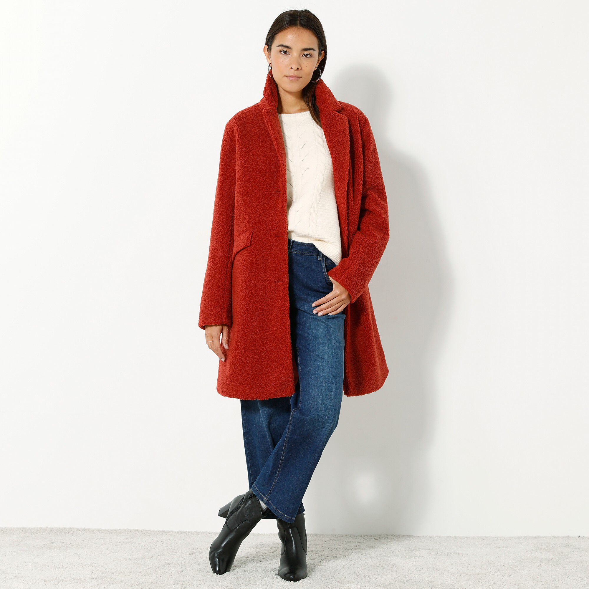Manteau maille bouclette col tailleur