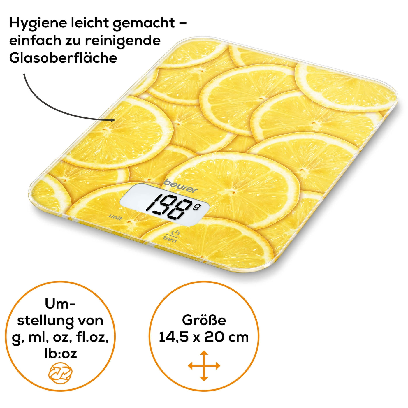 Beurer Küchenwaage KS 19 Lemon-Küchenwaage mit stylischer Glasoberfläche & Tarafunktion