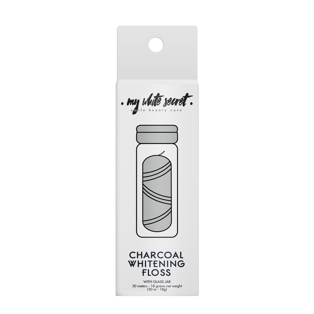 My White Secret Charcoal plastic free dental floss in glass jar Fil dentaire
