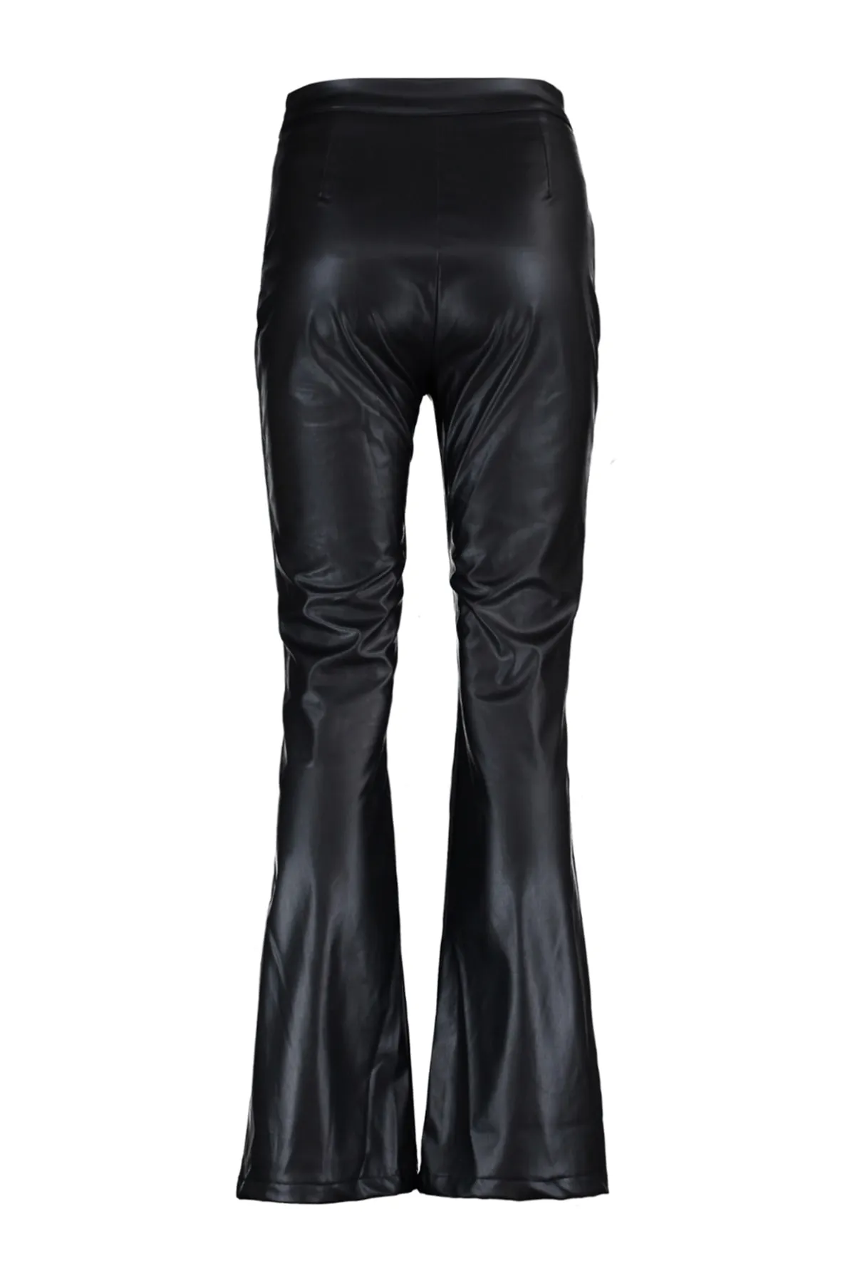 Trendyol Collection  Schwarze Hose aus gewebtem Kunstleder mit ausgestelltem Bein und Schlitzdetail TWOAW23PL00056