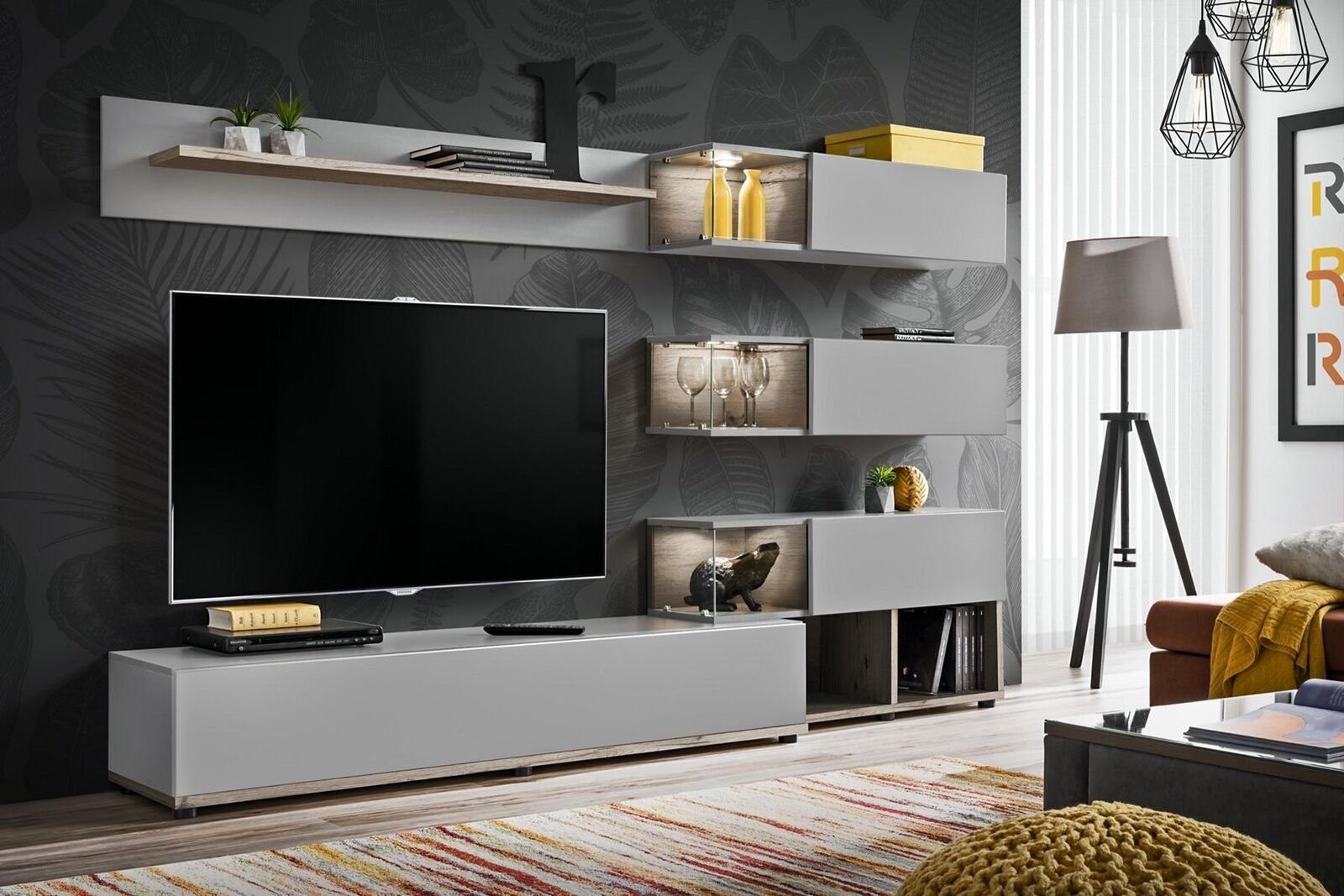 JVmoebel Wohnzimmer-Set Grau Möbel Holz rtv TV-Ständer Moderne Design Einrichtung, (6-St., TV-Ständer/3x Wandregale/Wandregal/Regal), Made in Europa