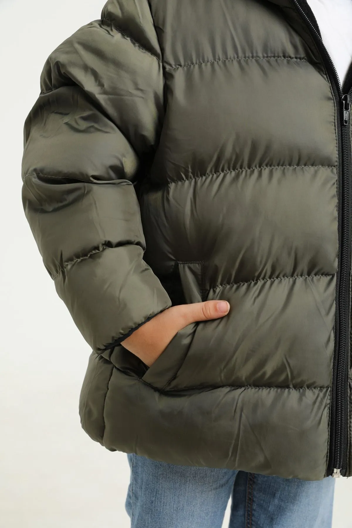 freemen  Khakifarbener Fleece-Fell-Kapuzen-Wintermantel für Jungen, wasserdicht, windabweisend, mit Taschen