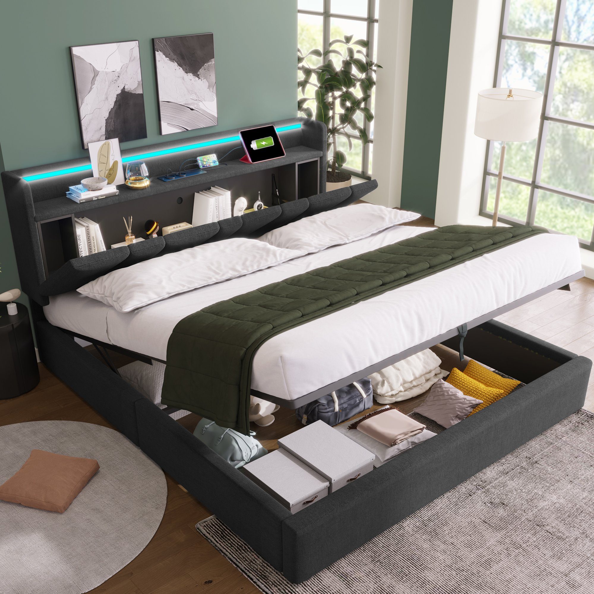 OKWISH Polsterbett Doppelbett (mit aufladen USB Ladefunktion Stauraum-Kopfteil, LED-Beleuchtung), 160x200cm Ohne-Matratze Stauraumbetten Bettgestell