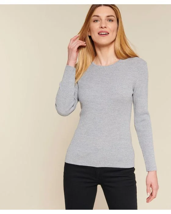 Pull col rond 50% laine mérinos, uni et rayé