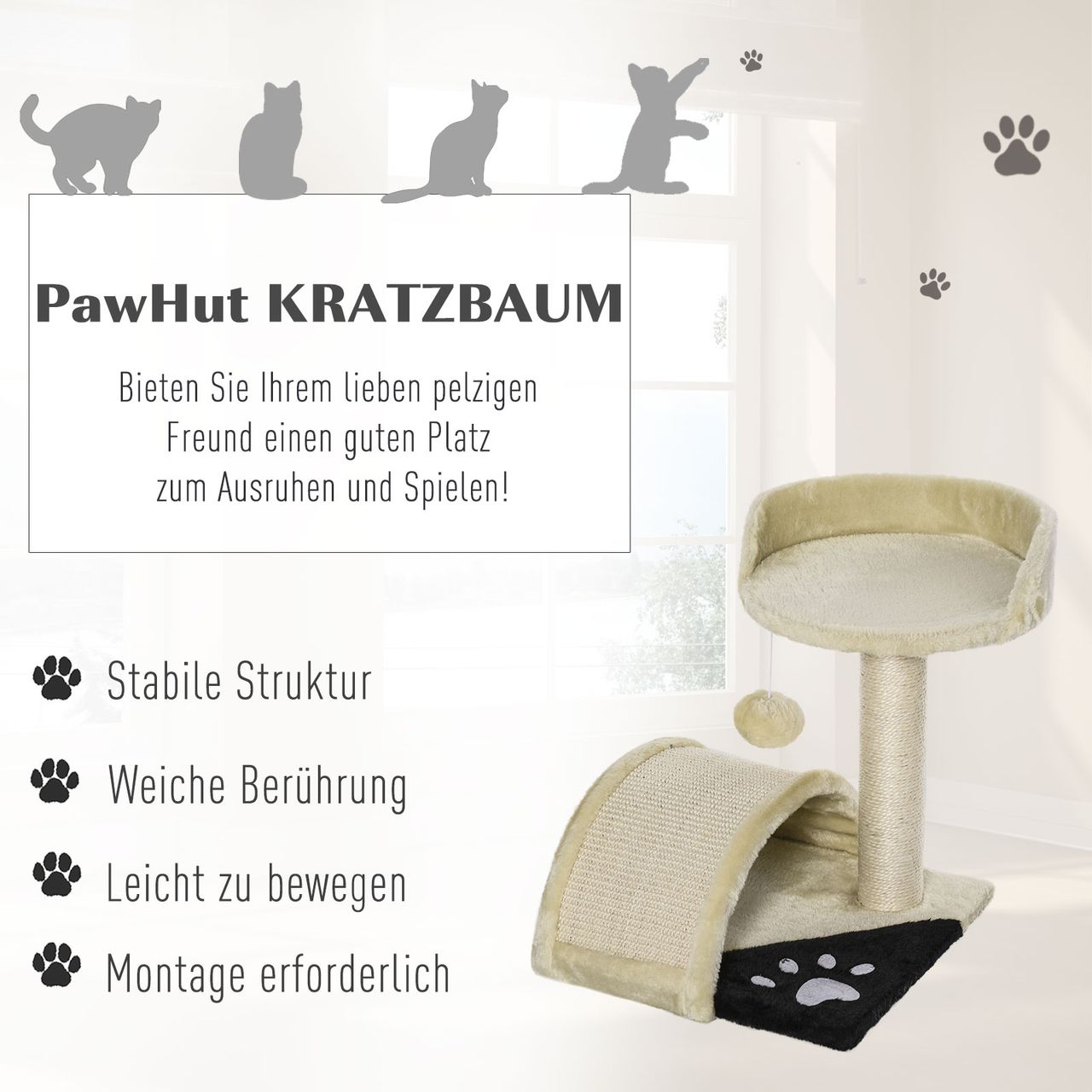PawHut Kratzbaum Katzenbaum mit Spielbällen Sisalseil-Kratzstangen Beige