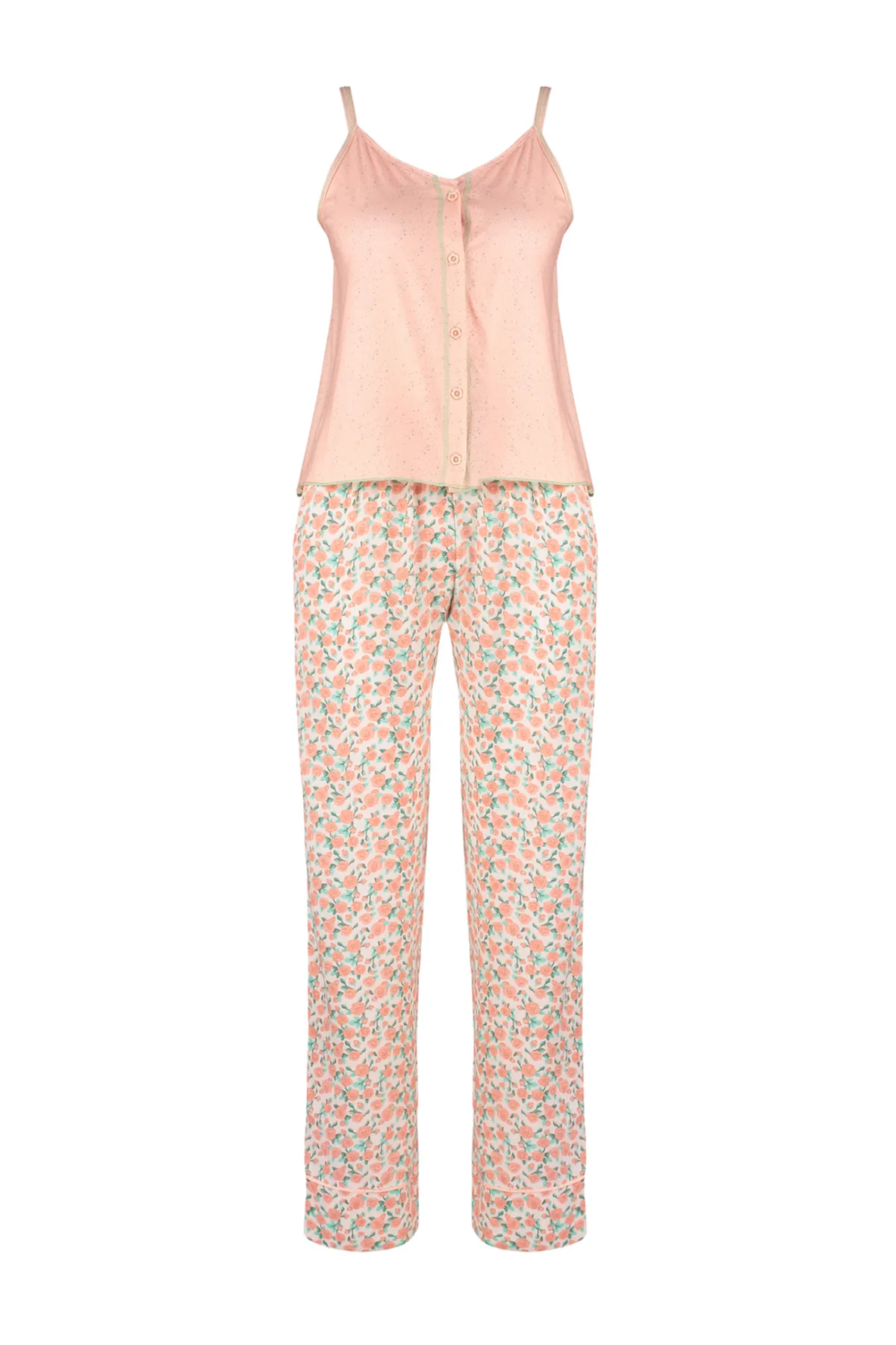Trendyol Collection  Pyjama-Set aus 100 % Baumwolle mit Blumenmuster in Lachsfarbe – Kordelriemen THMSS24PT00306