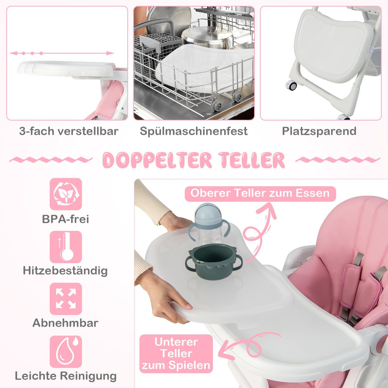 COSTWAY Hochstuhl Babyhochstuhl, klappbar, mit Aufbewahrungskorb, verstellbar