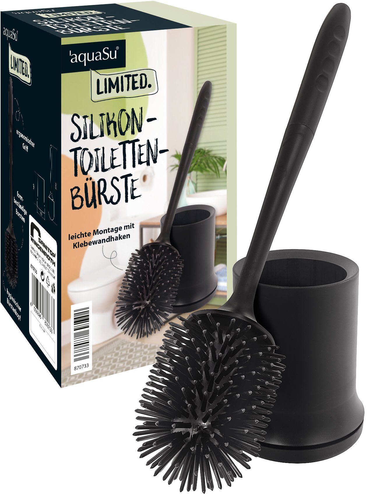 aquaSu WC-Reinigungsbürste Limited, WCs, (Bürstengarnitur, 2-tlg., mit Silikonborsten und Behälter), hygienisch, Wandmontage zum Kleben, ergonomisch, schwarz, 870733