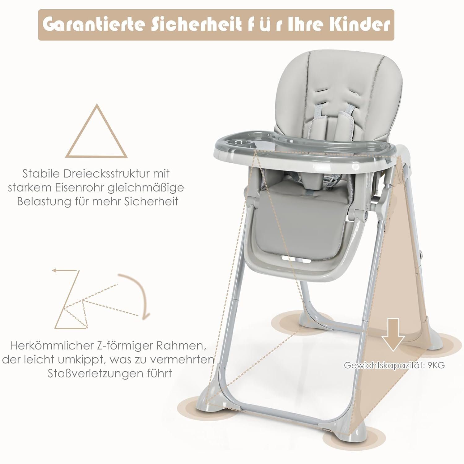 KOMFOTTEU Hochstuhl Baby, klappbar, mit abnehmbares Tablett
