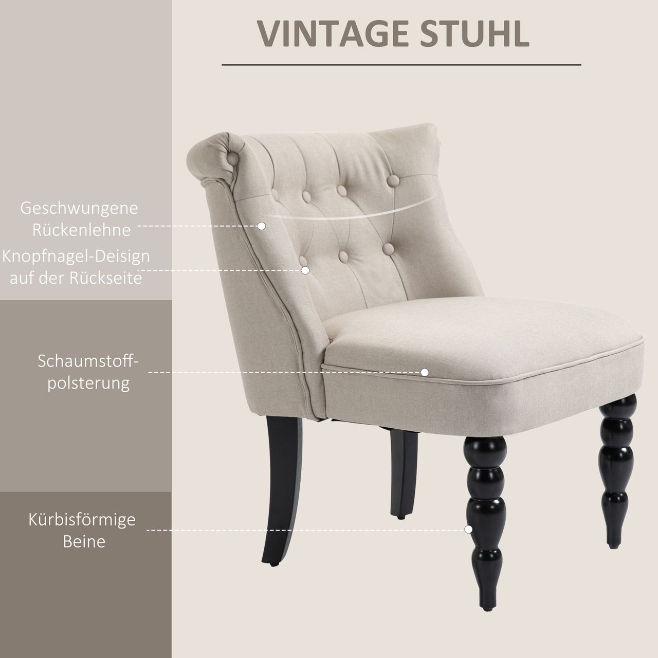 HOMCOM Relaxsessel Vintage Ruhesessel Relaxstuhl Polstersessel Esszimmerstuhl Leinenbezug Holzgestell Beige Schwarz 67 x 67 x 78 cm
