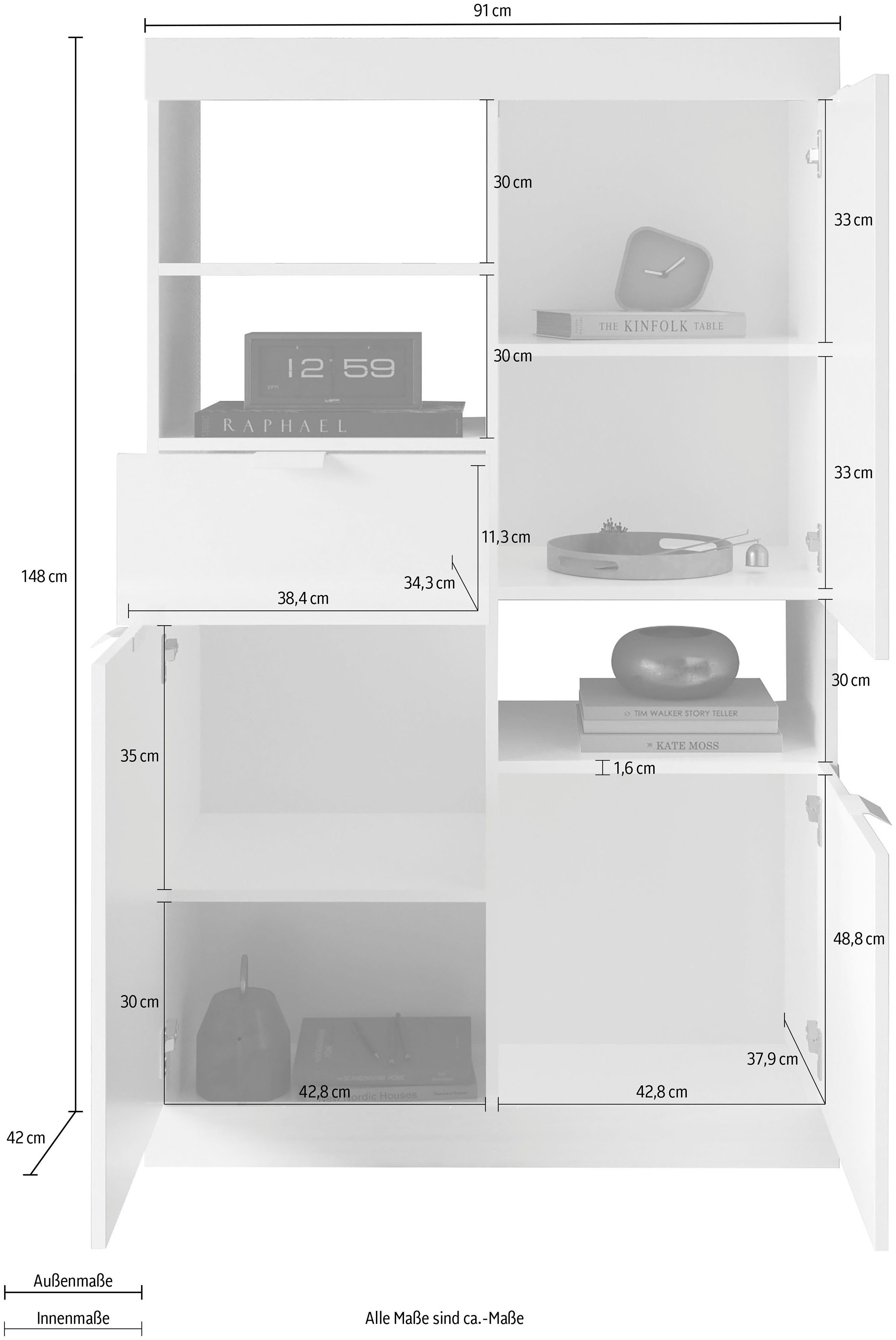 LC Highboard Slim, Breite 91 cm, weiß Hochglanz Lack
