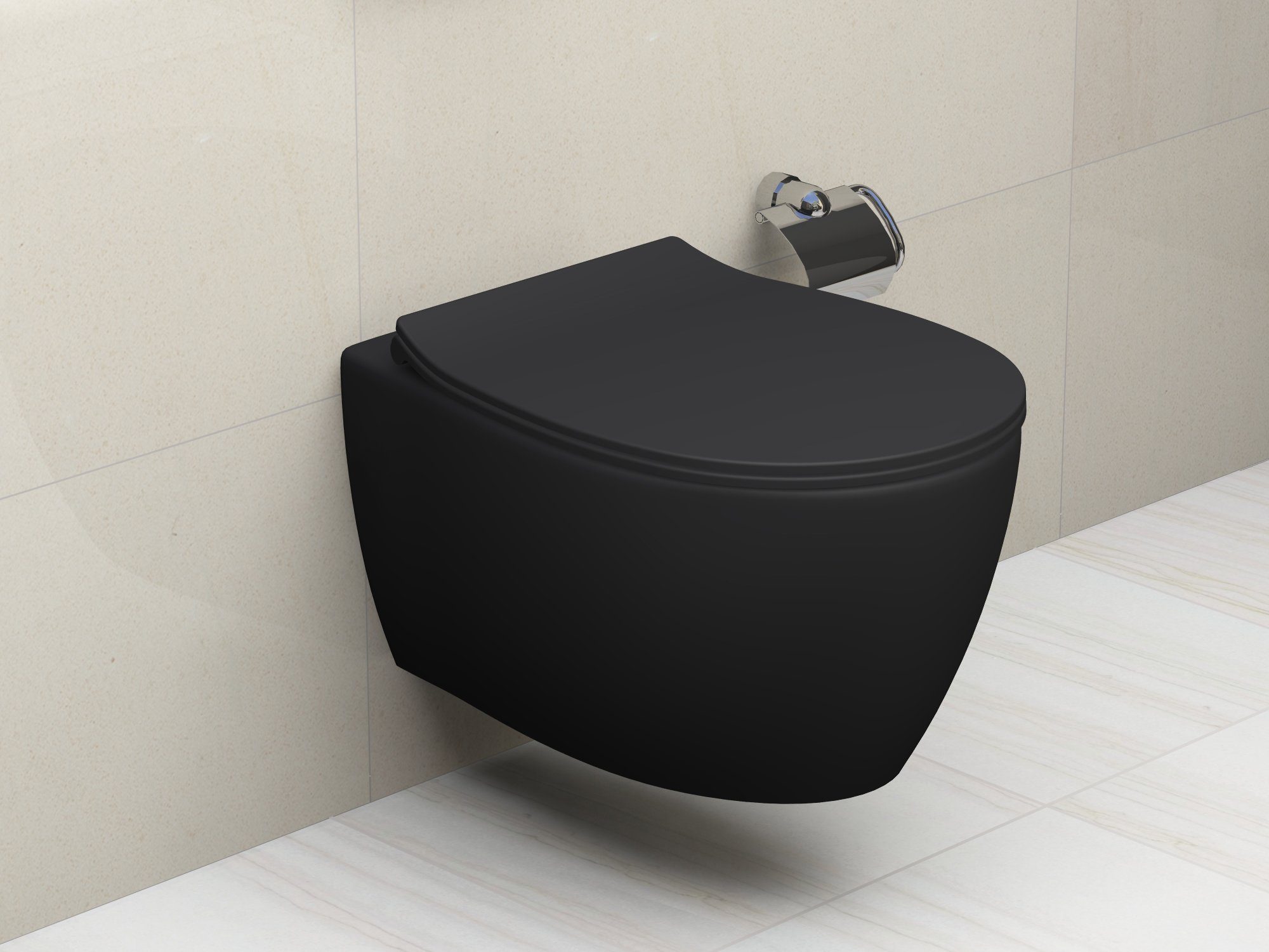 Aqua Bagno Tiefspül-WC spülrandlose Toilette Hänge WC schwarz matt inkl., Wandmontage, WC mit Rand, m. Absenkautomatik