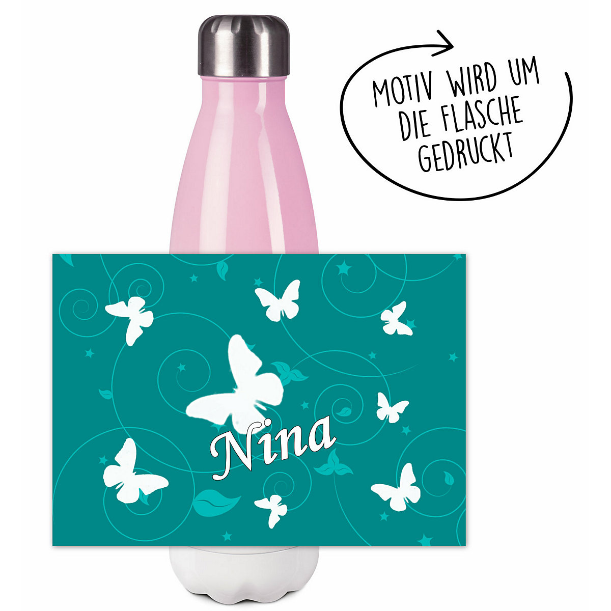 Edelstahl Kinder Thermoflasche / Trinkflasche bunt Schmetterling Ornamente Farbe petrol Spülmaschinenfest, Auslaufsicher, Bruchfest, Doppelwandig, Für Heißgetränke geeignet, Mit Deckel, Isoliert