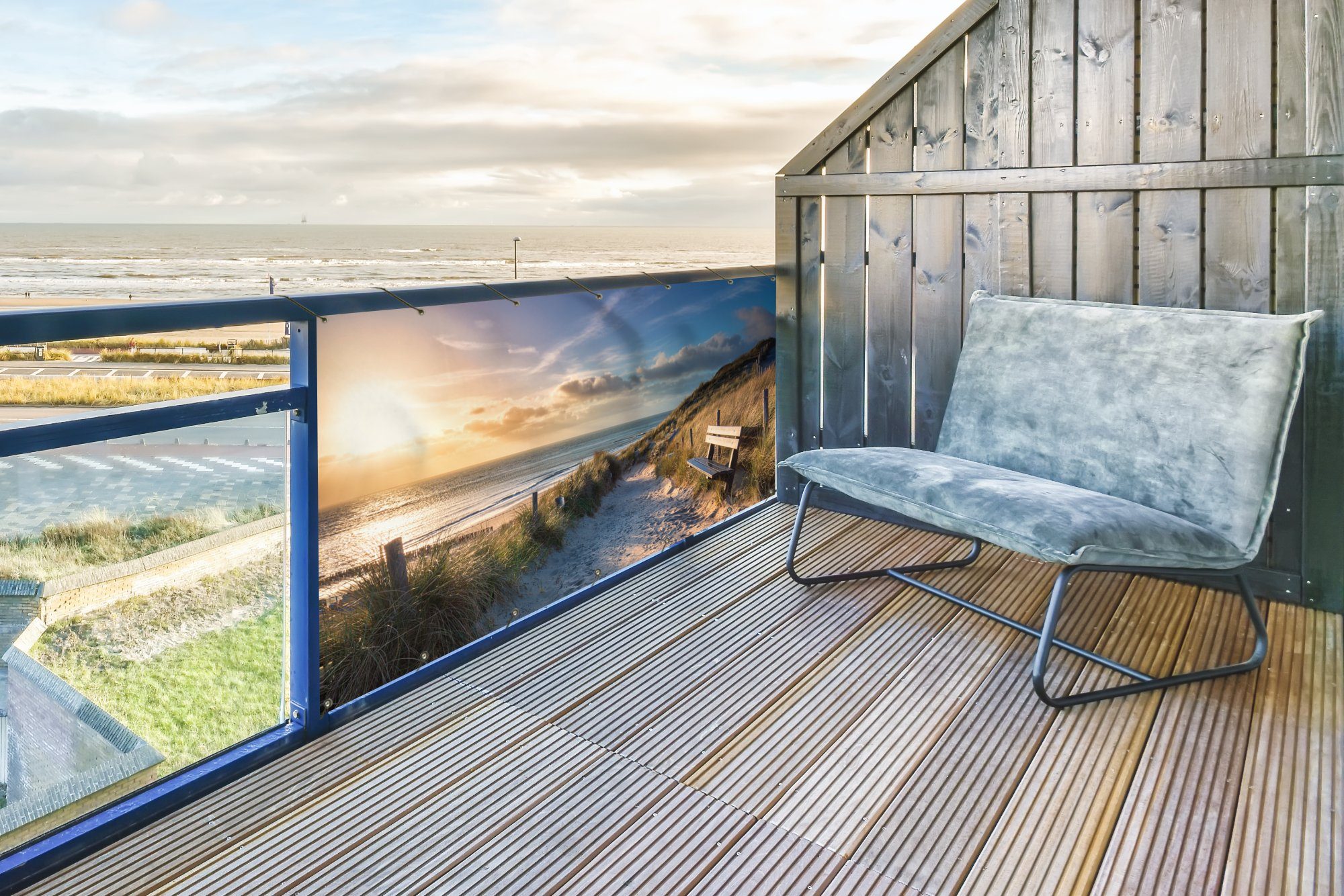 MuchoWow Balkonsichtschutz Sonnenuntergang - Strand - Düne - Gras - Bank (1-St) Balkonbanner, Sichtschutz für den Balkon, Robustes und wetterfest