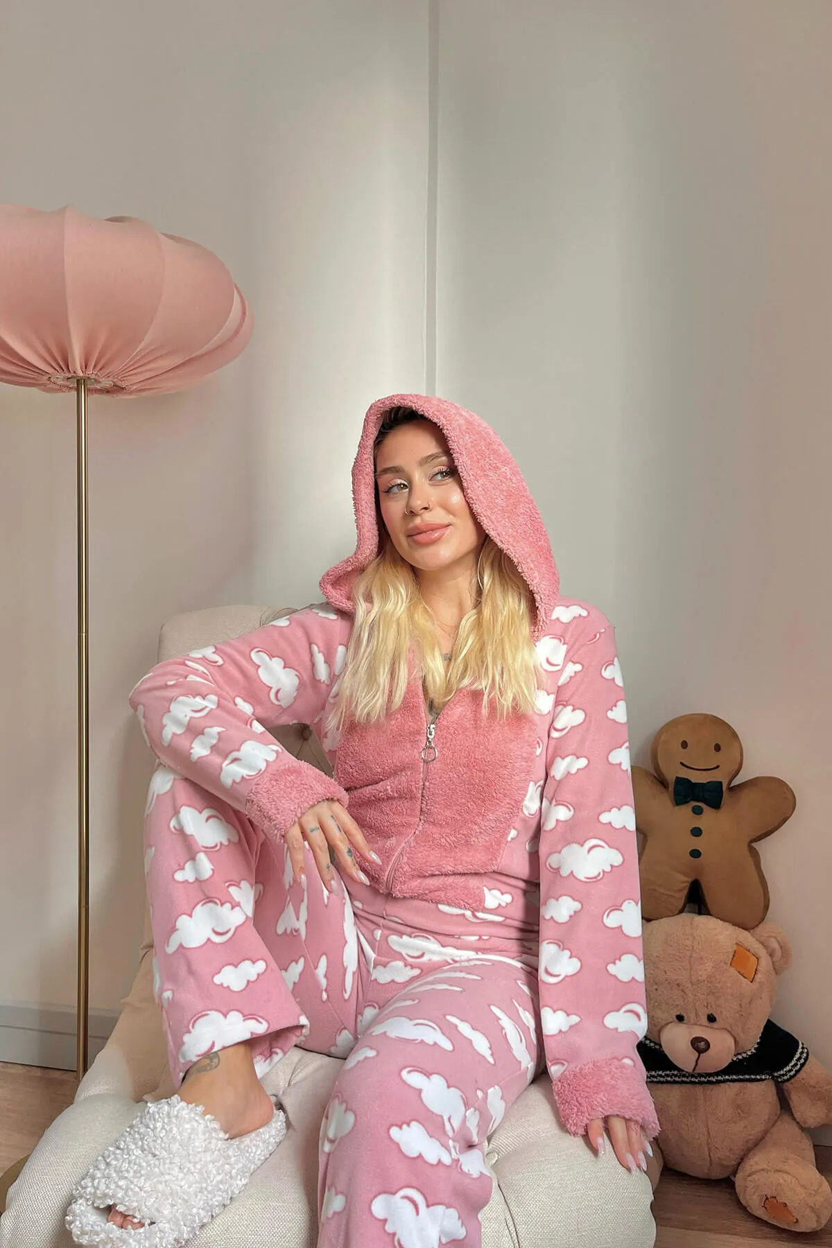 Pijamaevi  Damen-Pyjama-Set aus Fleece-Plüsch-Jumpsuit mit Wolkenmuster