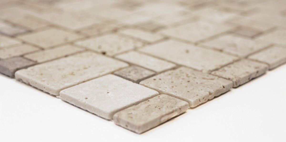 Mosani Mosaikfliesen Travertin Terrasse Wand Boden Naturstein beige braun Bad