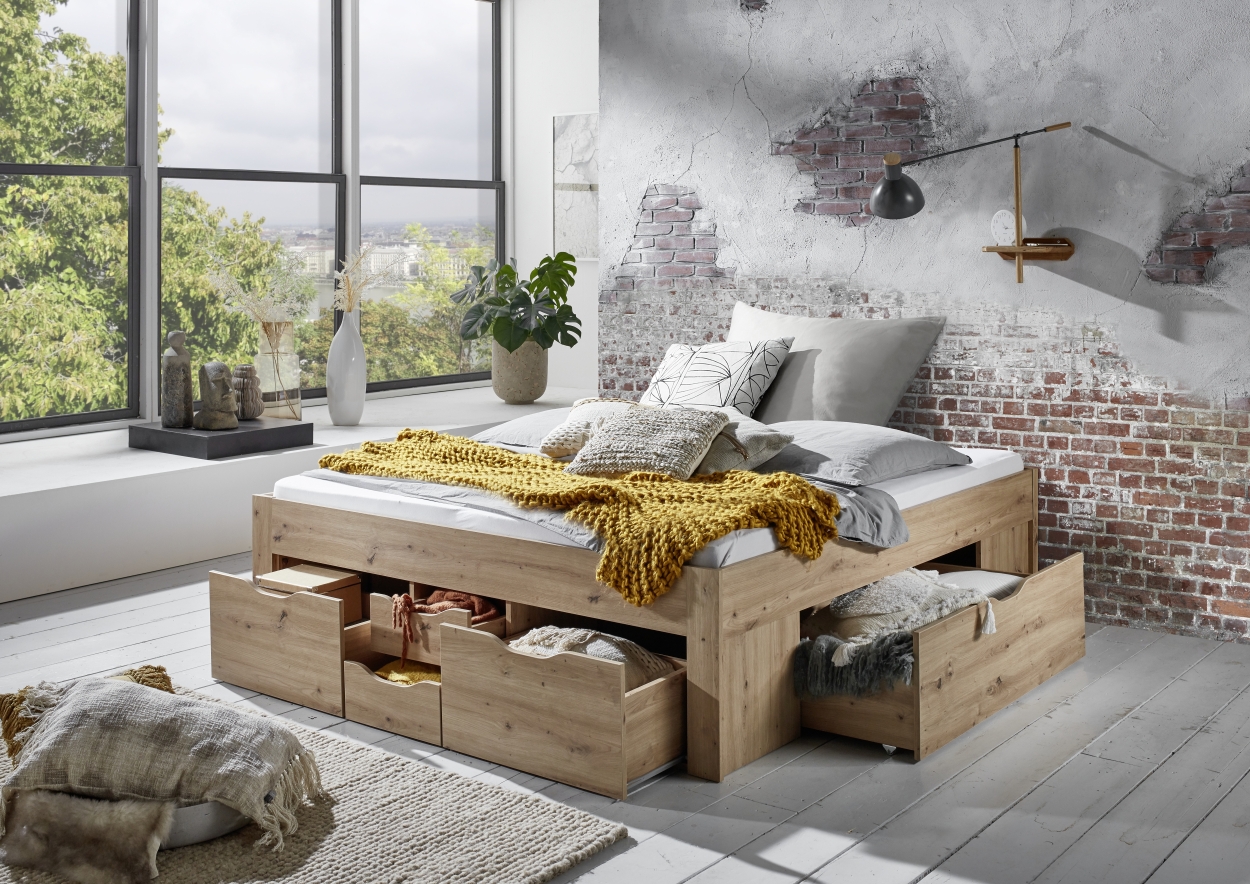 Relita Stauraumbett Noah 180 x 200 cm, mit Rolllattenrost mit 6 Bettschubladen, Ausf. Eiche Artisan Dekor